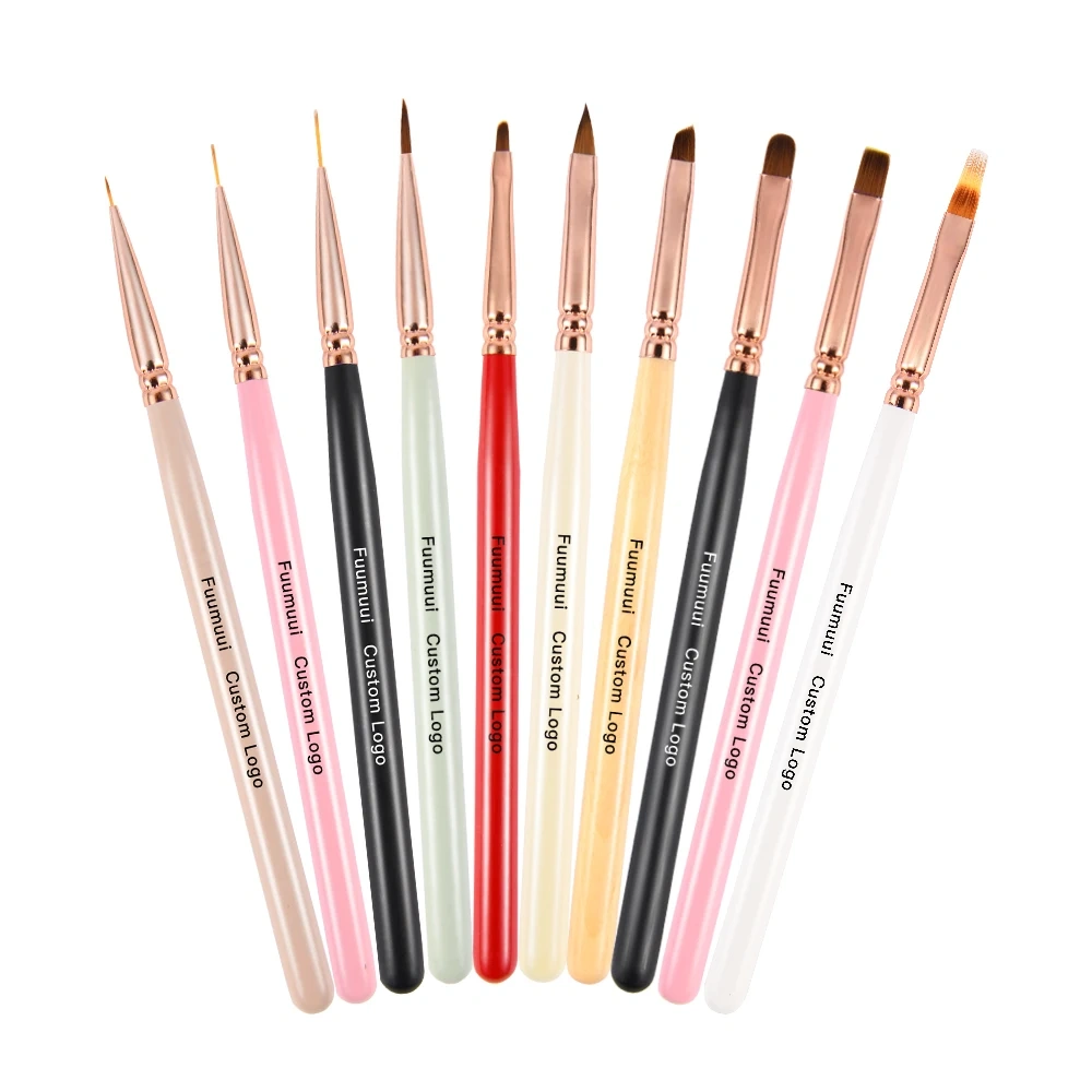 Wholesale Colorful Wooden Handle Nail Brush Set Painting Oval Flat Acrylic Nylon Japanese Nail Art Brush Set