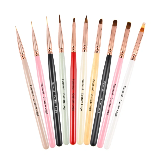 Wholesale Colorful Wooden Handle Nail Brush Set Painting Oval Flat Acrylic Nylon Japanese Nail Art Brush Set
