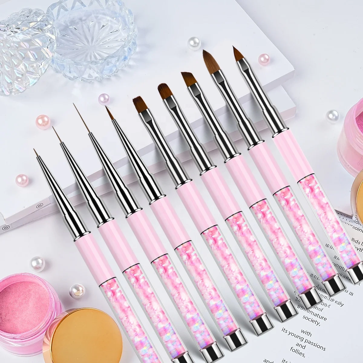 Customized LOGO Kolinsky and Nylon Gold Metal Handle Nail Brush Set Painting UV Gel Nail at Liner Brush