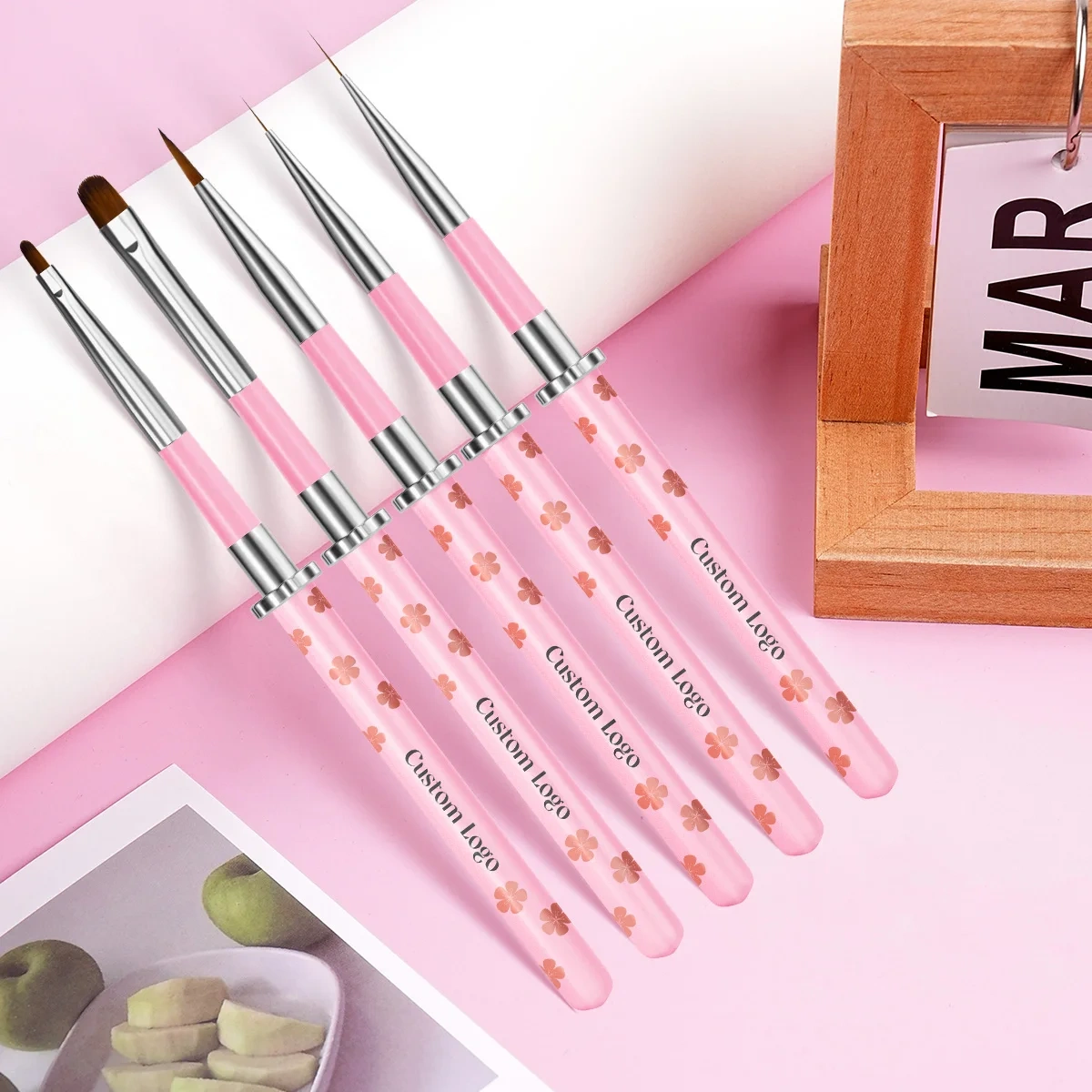 New Arrival Nail Art Brush Set Custom Pink Peach Blossom Printing 5 Pieces Detail Nail Art Brushes Nylon Nail Art Liner Brush