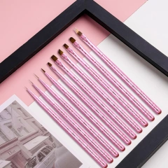 High Quality Nylon 10 Pcs Custom Pink Handle 3D Liner Oval Flat Detail Gel Polish Nail Art Brushes