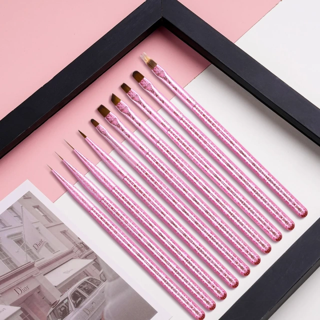 High Quality Nylon 10 Pcs Custom Pink Handle 3D Liner Oval Flat Detail Gel Polish Nail Art Brushes