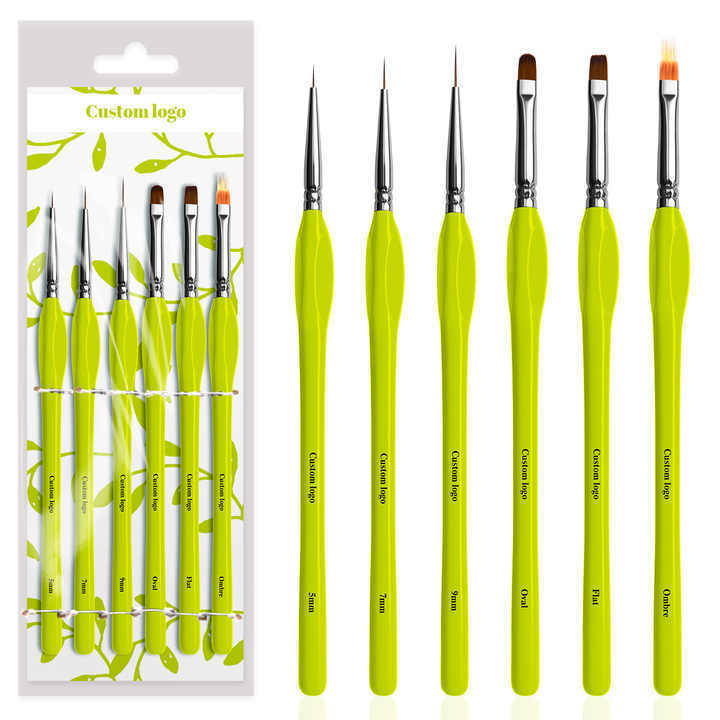 Luxury Olive Green Wooden Triangle Handle 6Pcs Nylon Liner Brush Set Custom Nail Art Brushes