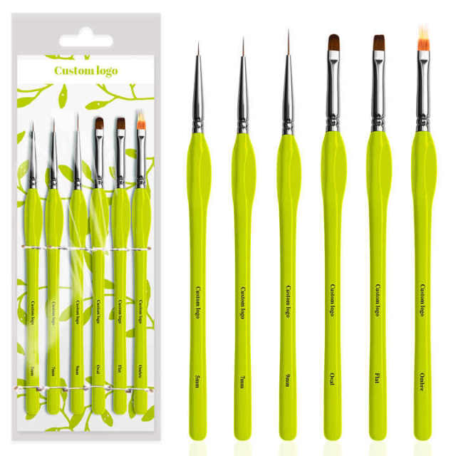 Luxury Olive Green Wooden Triangle Handle 6Pcs Nylon Liner Brush Set Custom Nail Art Brushes