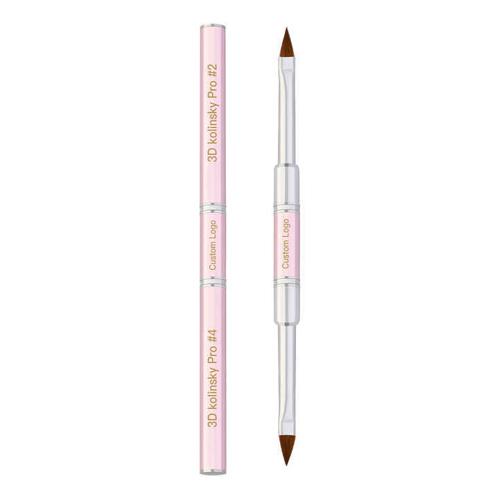 Wholesale OEM Packaging Sliver Ferrule Double-end Crimped Pink 100% Kolinsky Acrylic 3D Nail Art Brush Size 4