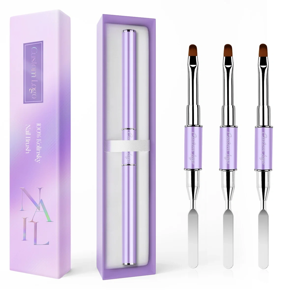 Popular Lavender Custom Logo Metal Handle Nail Art Brush Polish Gel Brush With Scraper