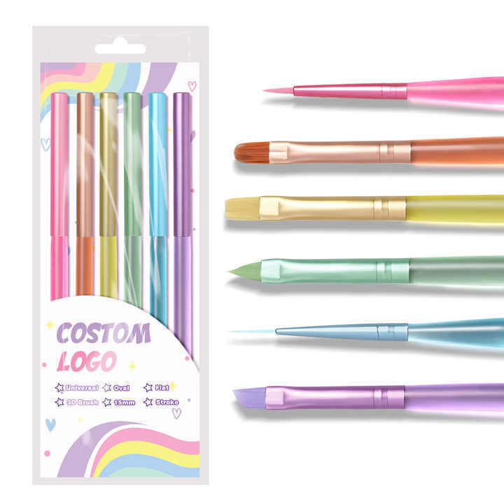 Popular Rainbow Custom Nail Art Gel Liner Stroke French Brush 6pcs Set Nylon Matte Handle Professional Nail Art Brush
