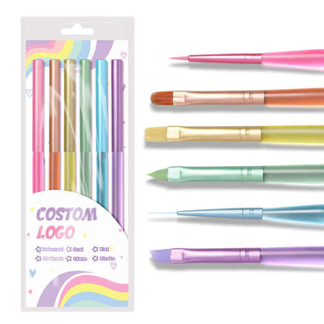 Popular Rainbow Custom Nail Art Gel Liner Stroke French Brush 6pcs Set Nylon Matte Handle Professional Nail Art Brush