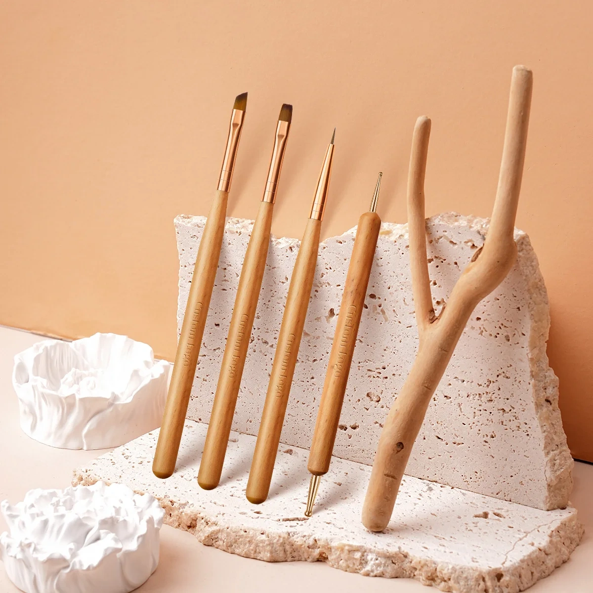 Popular Wooden Handle Double Dotting Nail Art Brushes 4pcs Custom Brushes Nail Design Brush Set