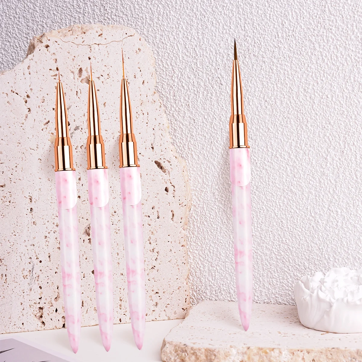 Hot Sale Custom Pink Marble Handle 3D Liner Oval Flat Detail Gel Polish Nail Art Brushes