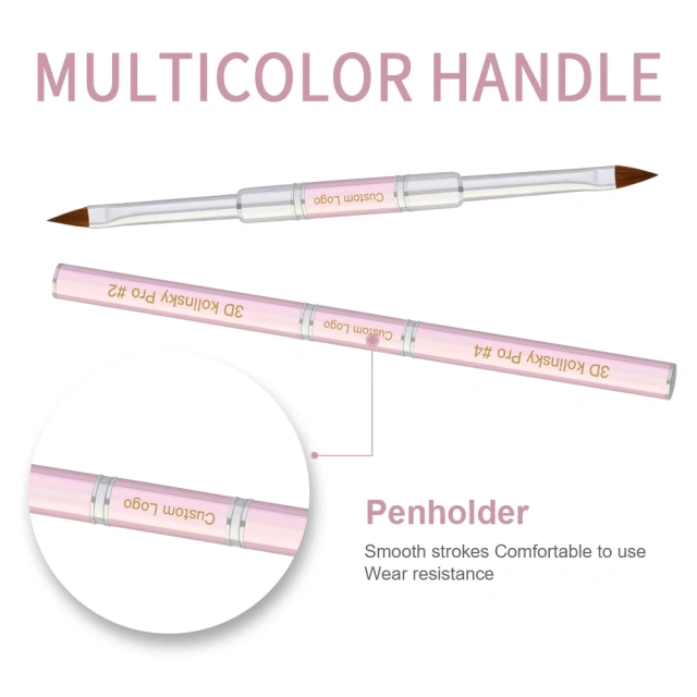 Wholesale OEM Packaging Sliver Ferrule Double-end Crimped Pink 100% Kolinsky Acrylic 3D Nail Art Brush Size 4