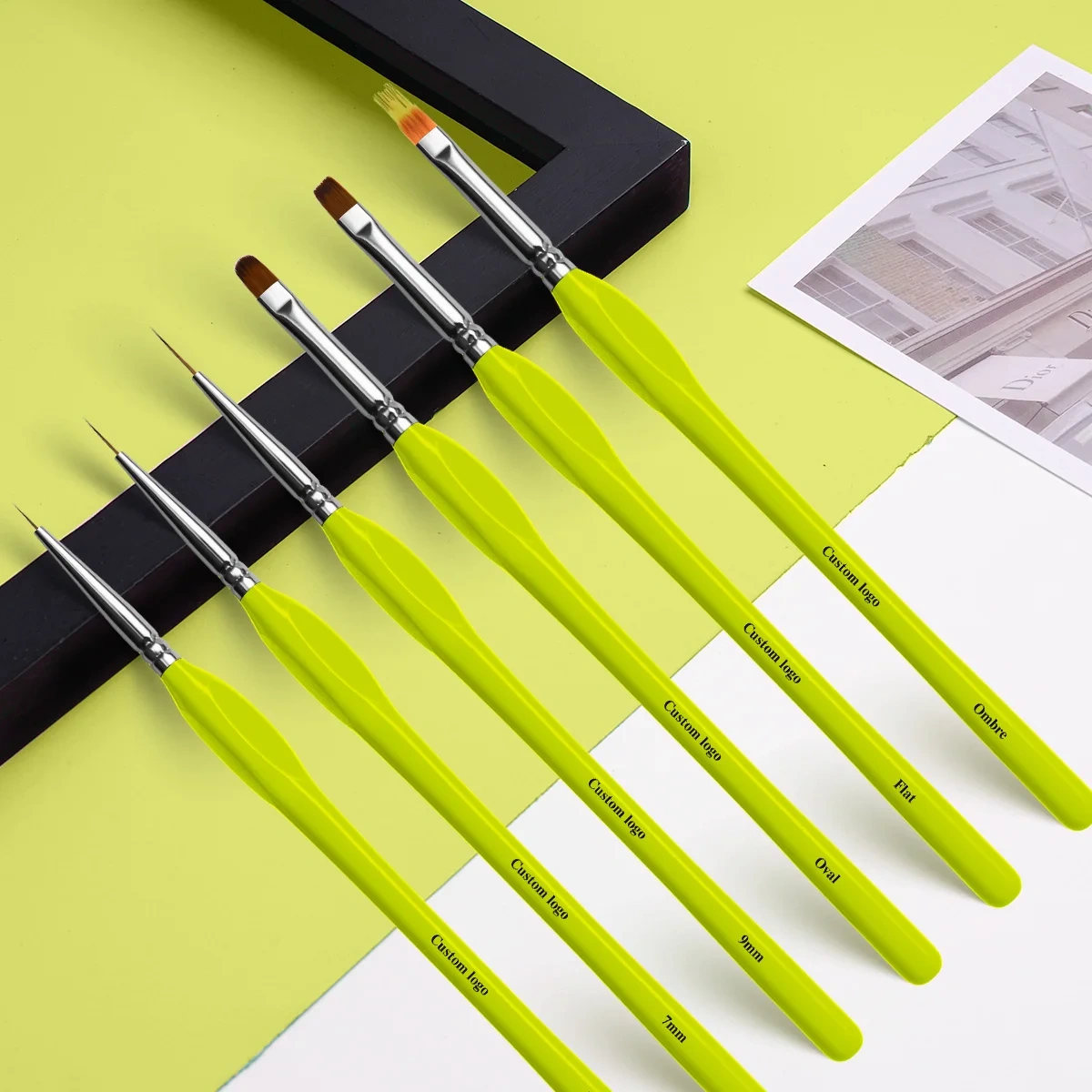 Luxury Olive Green Wooden Triangle Handle 6Pcs Nylon Liner Brush Set Custom Nail Art Brushes