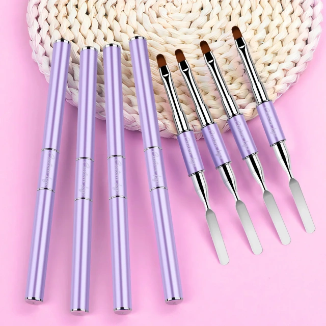 Popular Lavender Custom Logo Metal Handle Nail Art Brush Polish Gel Brush With Scraper