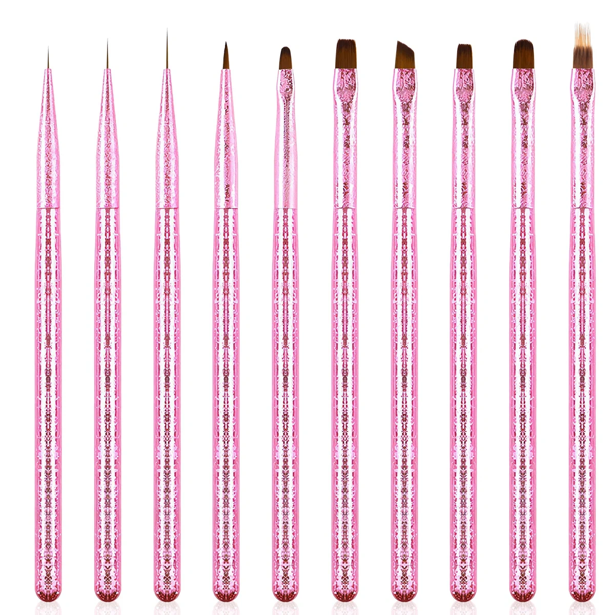 High Quality Nylon 10 Pcs Custom Pink Handle 3D Liner Oval Flat Detail Gel Polish Nail Art Brushes