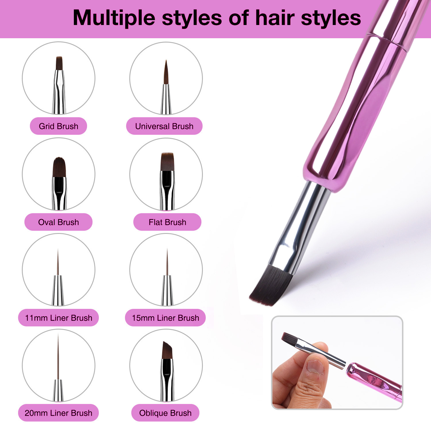New Arrival Multi-functional 8 in 1 Nail Brush Set Portable Replaceable Heads Synthetic Bristle Professional Nail Art Brush