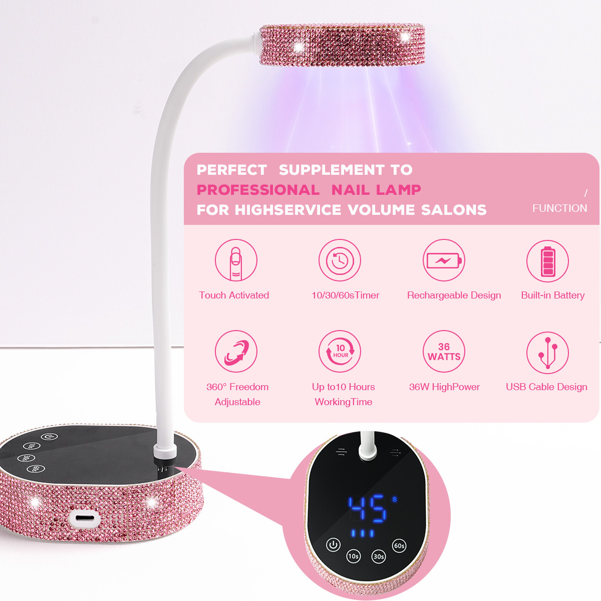 36W Pink Diamond Portable Nails Table Lamp Dryer Cordless Led Nail Lamp Rechargeable Uv Light Lamp for Nail