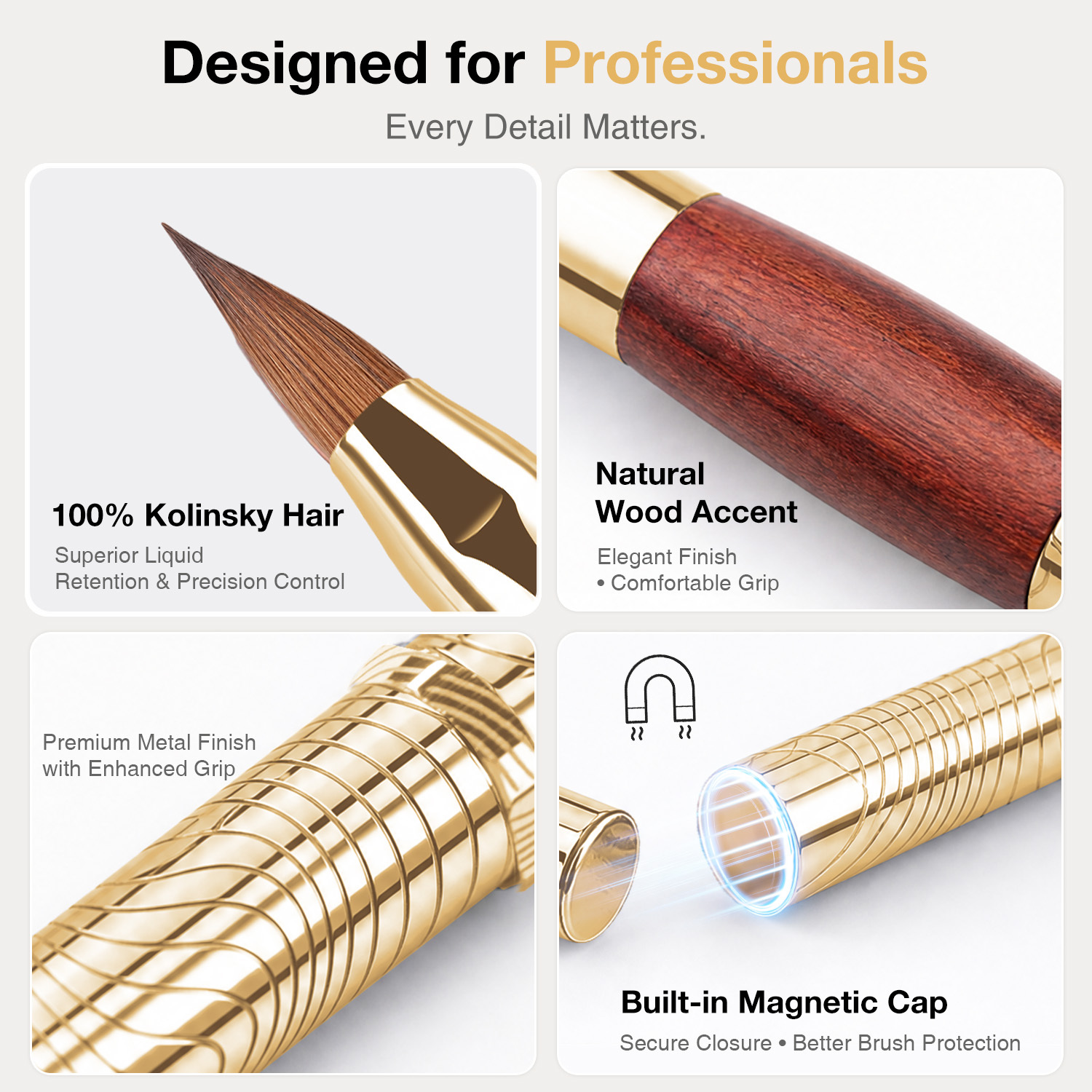 2026 New Magnetic 100% Kolinsky Nail Brush Privatel Label Custom Portable Metal Handle Gold Nails Brush Acrylic Kolinsky #2/4/6