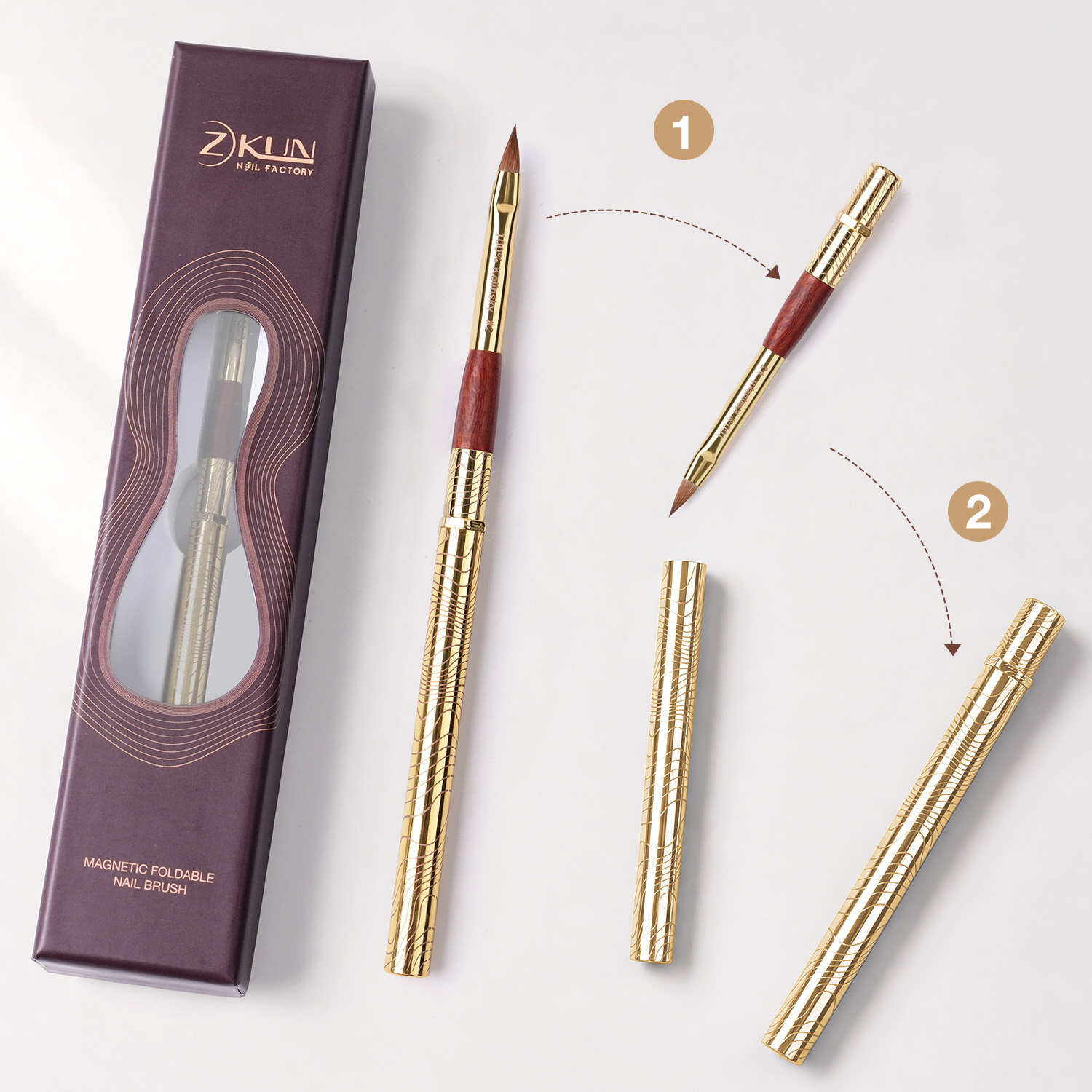 2026 New Magnetic 100% Kolinsky Nail Brush Privatel Label Custom Portable Metal Handle Gold Nails Brush Acrylic Kolinsky #2/4/6