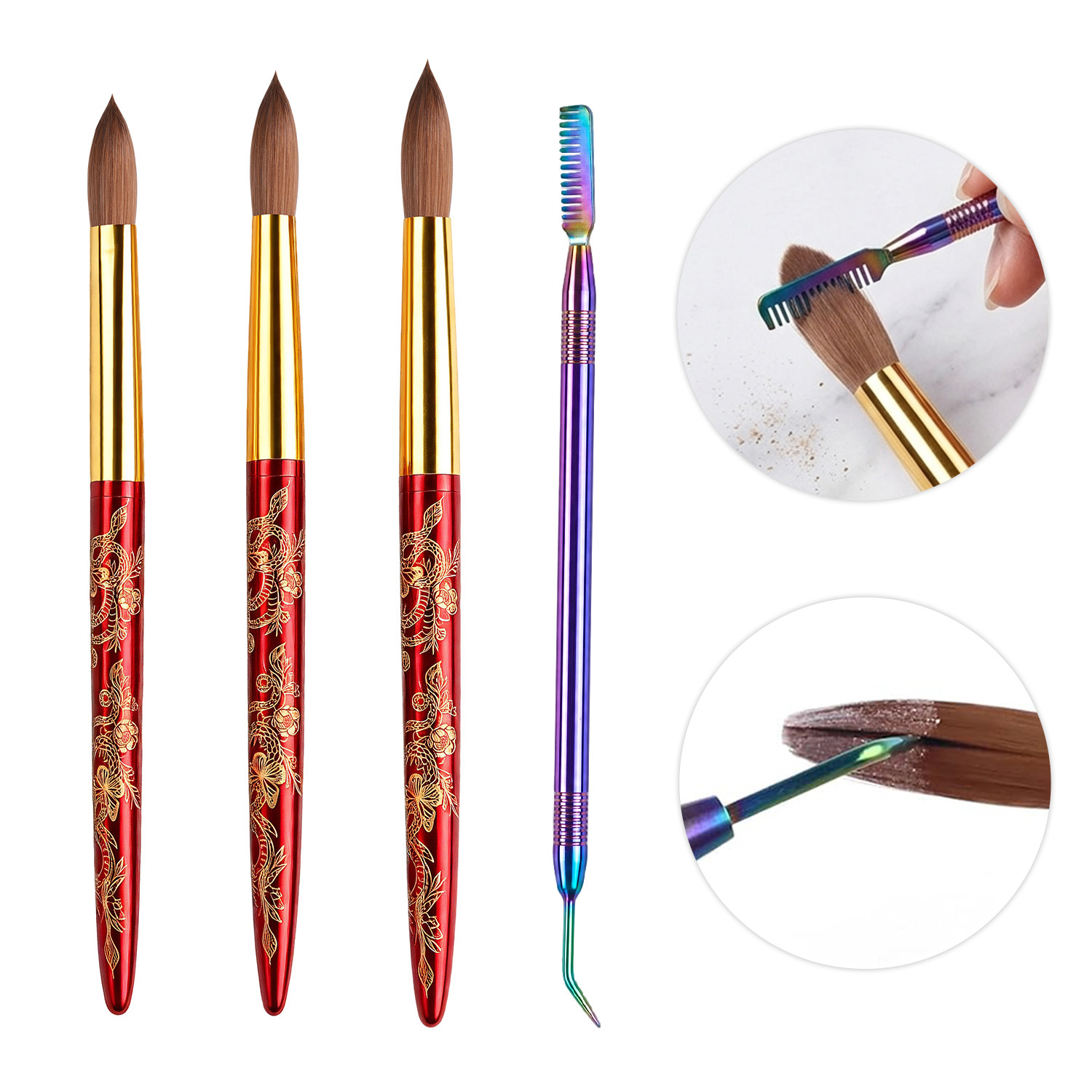 Professional 100% Pure Kolinsky Nail Brush Set Rainbow Cleaning Comb Custom Acrylic Nail Brushes #12/14/16/18