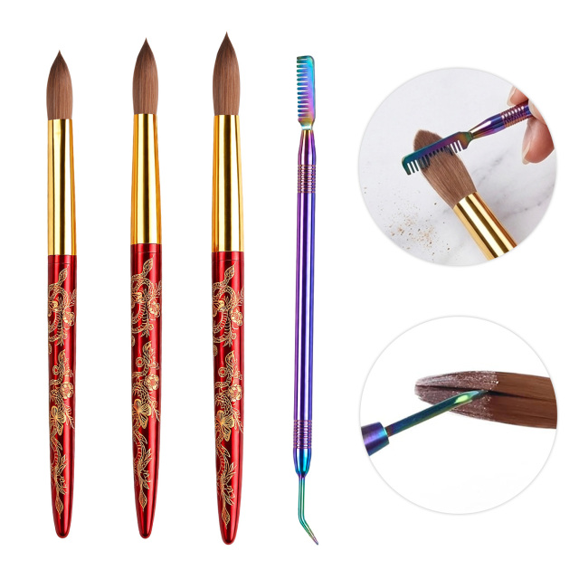 Professional 100% Pure Kolinsky Nail Brush Set Rainbow Cleaning Comb Custom Acrylic Nail Brushes #12/14/16/18