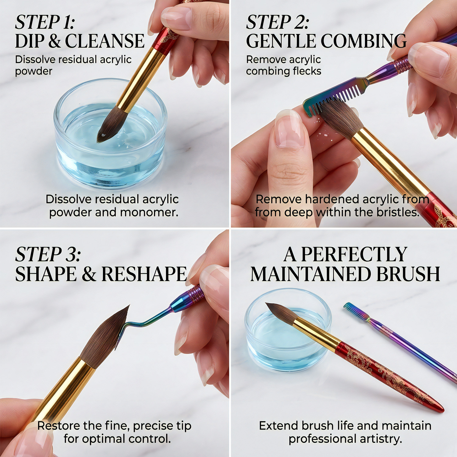 Professional 100% Pure Kolinsky Nail Brush Set Rainbow Cleaning Comb Custom Acrylic Nail Brushes #12/14/16/18