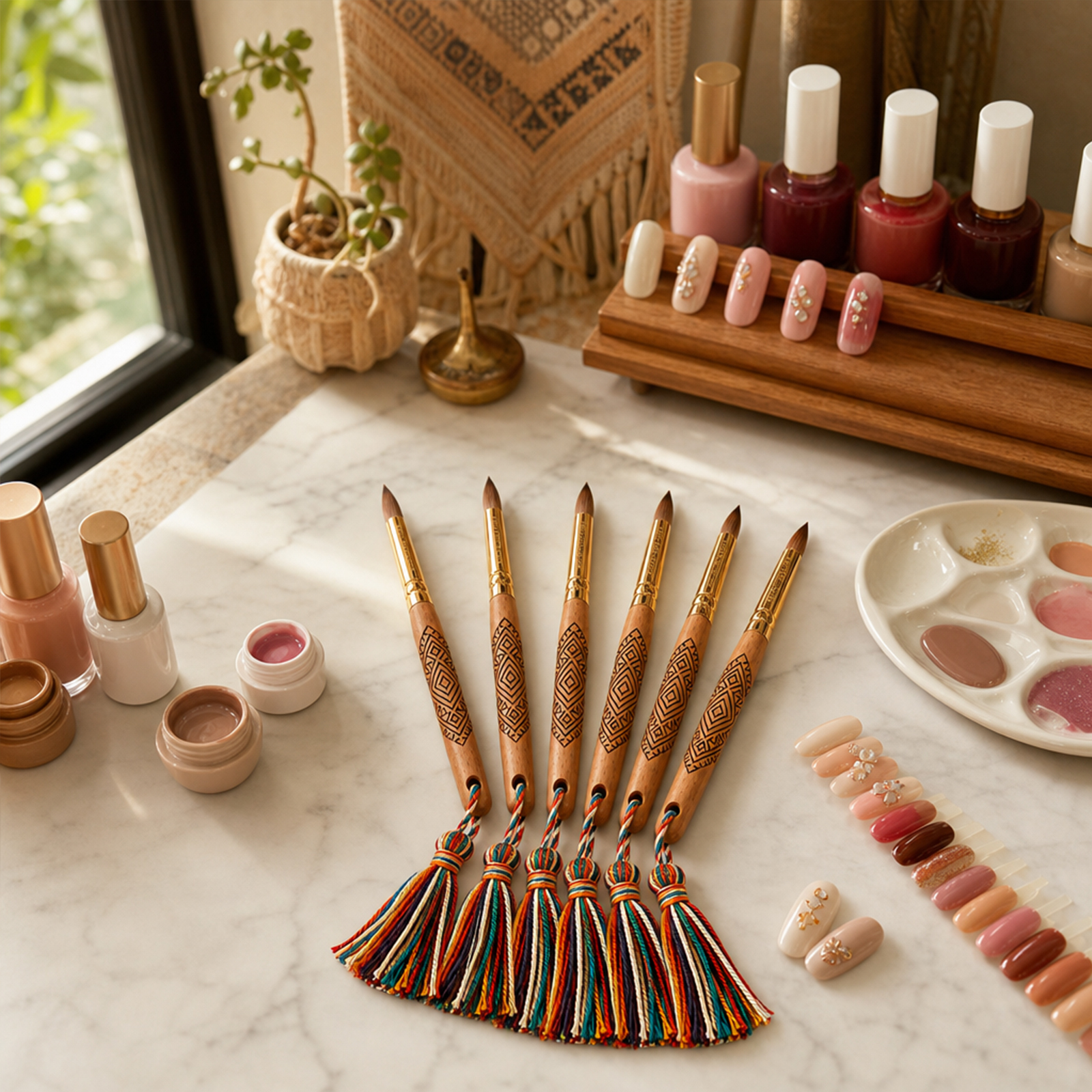 New Arrivals 100% Kolinsky Custom Carving Design Wooden Handle Acrylic Nail Brush With Tassels