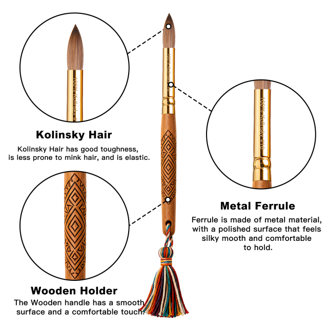 New Arrivals 100% Kolinsky Custom Carving Design Wooden Handle Acrylic Nail Brush With Tassels
