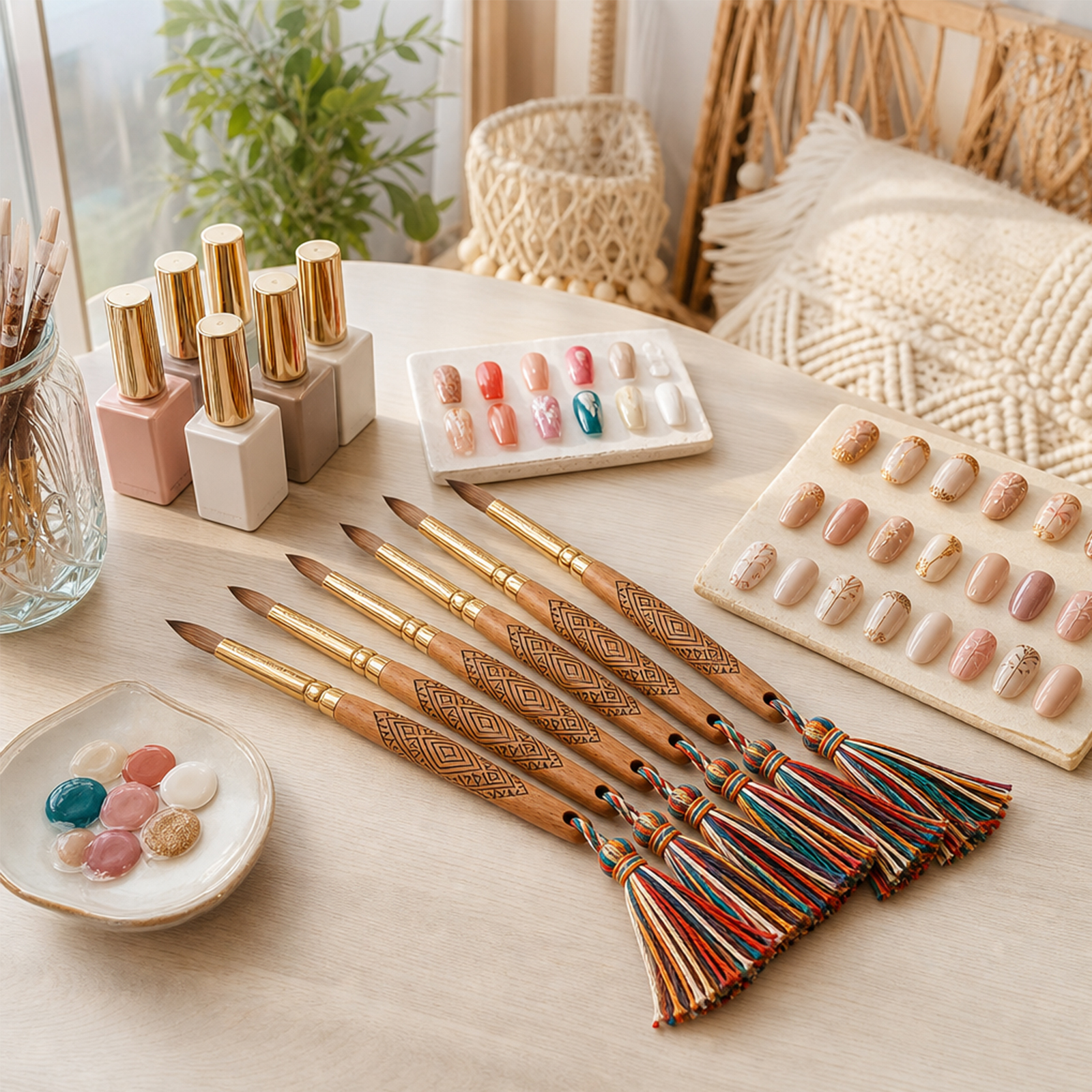 New Arrivals 100% Kolinsky Custom Carving Design Wooden Handle Acrylic Nail Brush With Tassels