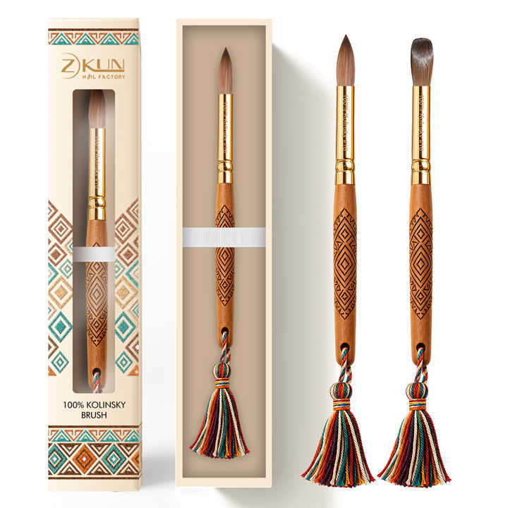 New Arrivals 100% Kolinsky Custom Carving Design Wooden Handle Acrylic Nail Brush With Tassels
