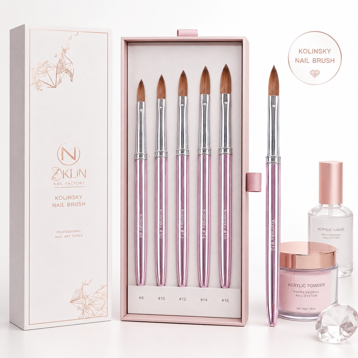Size 6/8/10/12/14 Acrylic Nail Brush 100 % Kolinsky Custom logo Nude Pink Professional Nail Brush Nails Brush for Acrylic Only