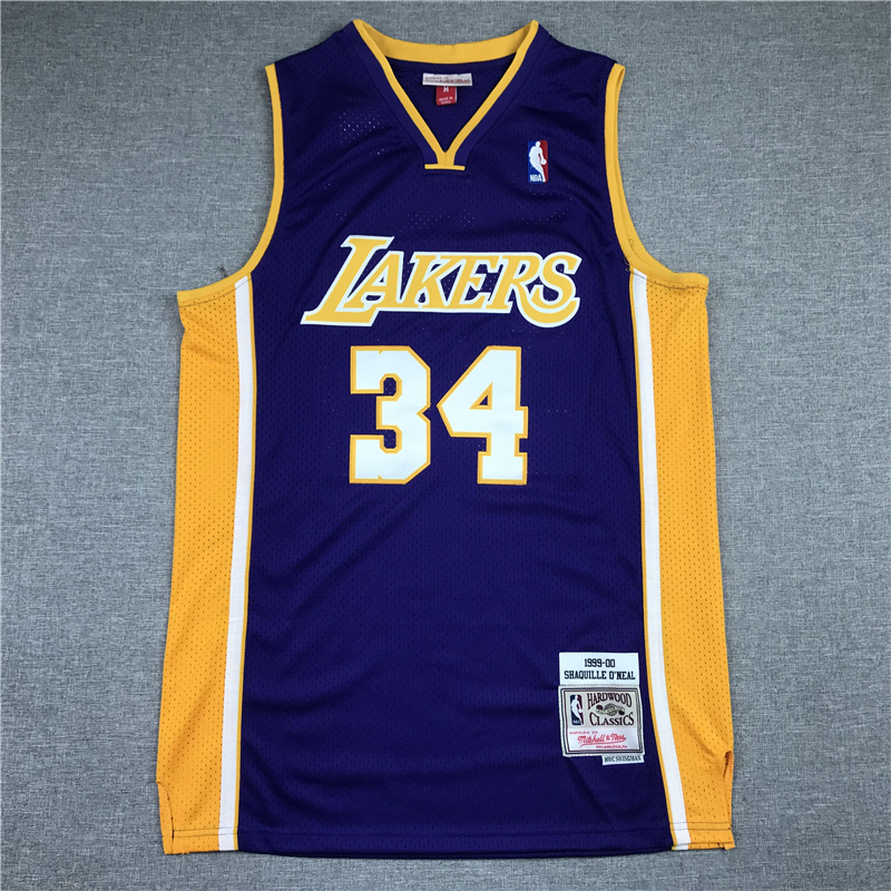 Men's NBA Los Angeles Lakers #34 Shaquille O’Neal Mitchell & Ness 1999-00 Swingman Away Jersey