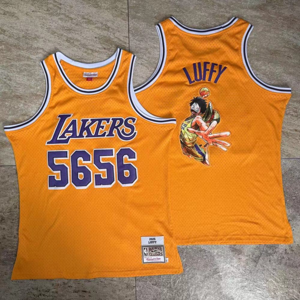 [ New ] 2025 One Piece x NBA Los Angeles Lakers #5656 Luffy Men's M&N Embroidery Jersey