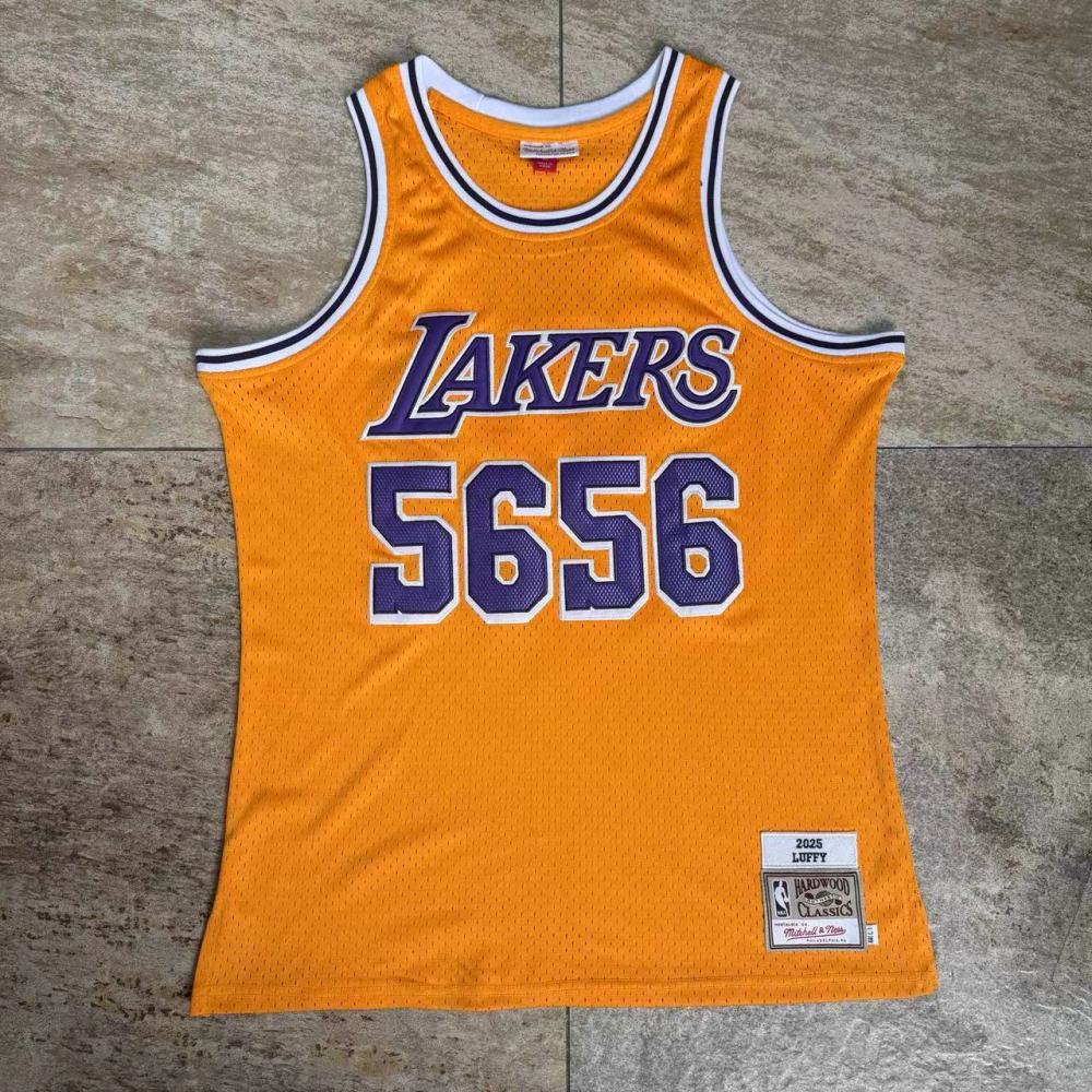 [ New ] 2025 One Piece x NBA Los Angeles Lakers #5656 Luffy Men's M&N Embroidery Jersey