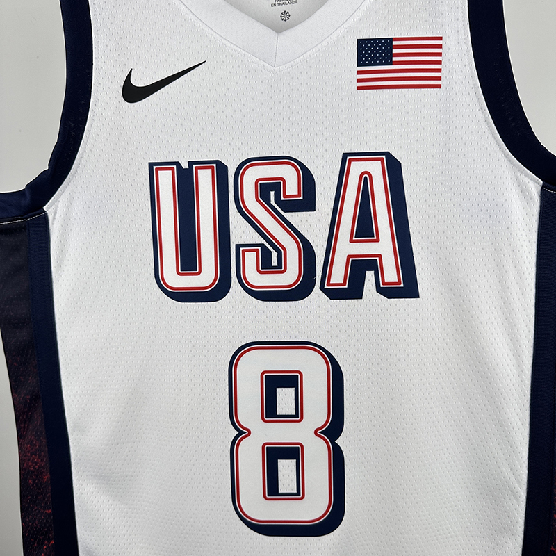 Men's 2024 Paris Olympics USA Basketball Team #8 Kawhi Leonard Heat Pressed Jersey - White
