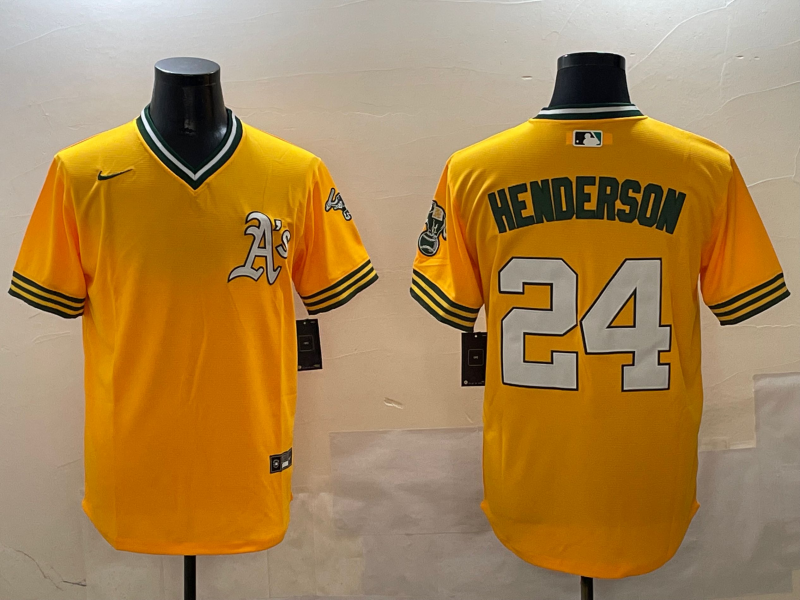 Men's MLB Oakland Athletics #24 Rickey Henderson Yellow Cooperstown Collection Pullover Jersey