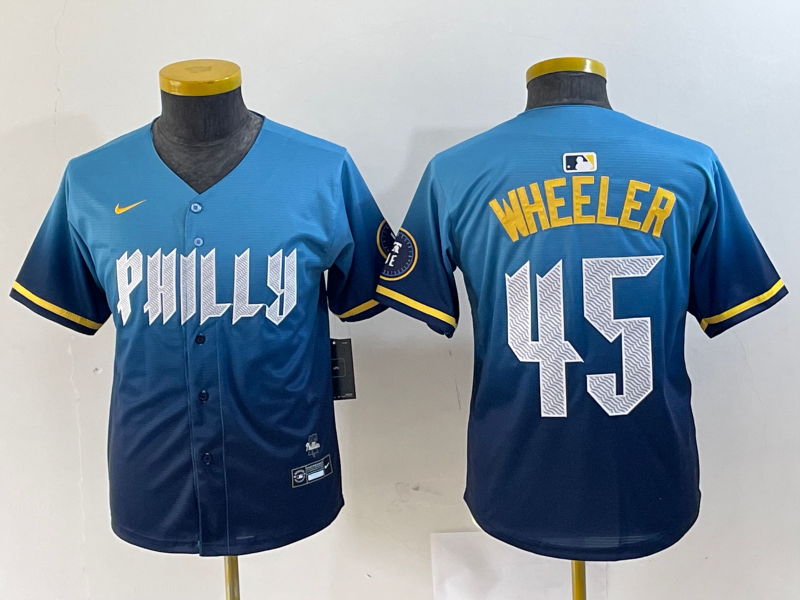 Youth MLB Philadelphia Phillies #45 Zack Wheeler Nike Blue City Connect Limited Jersey