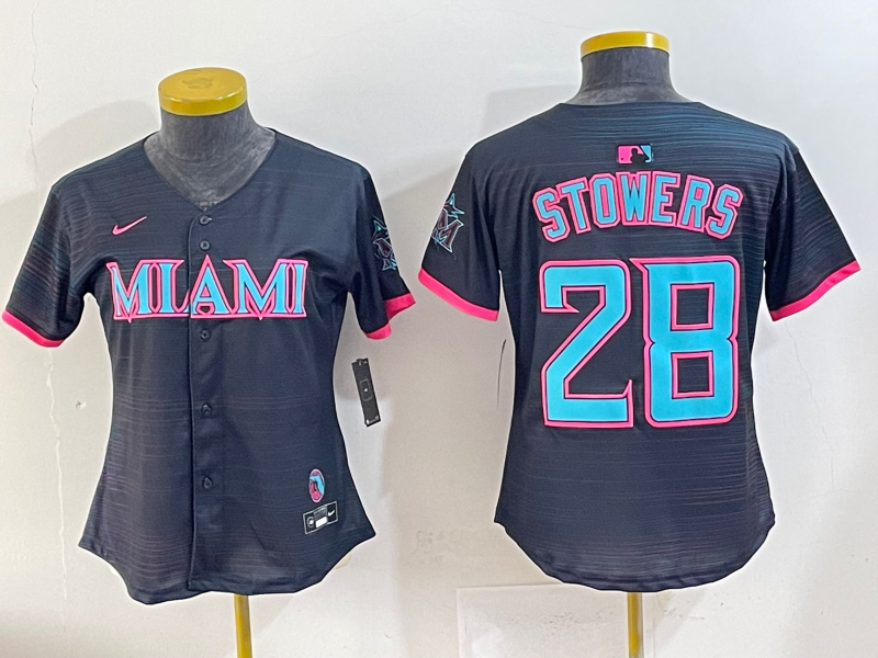 Women's MLB Miami Marlins #28 Kyle Stowers Black 2025 CIty Connect Limited Jersey