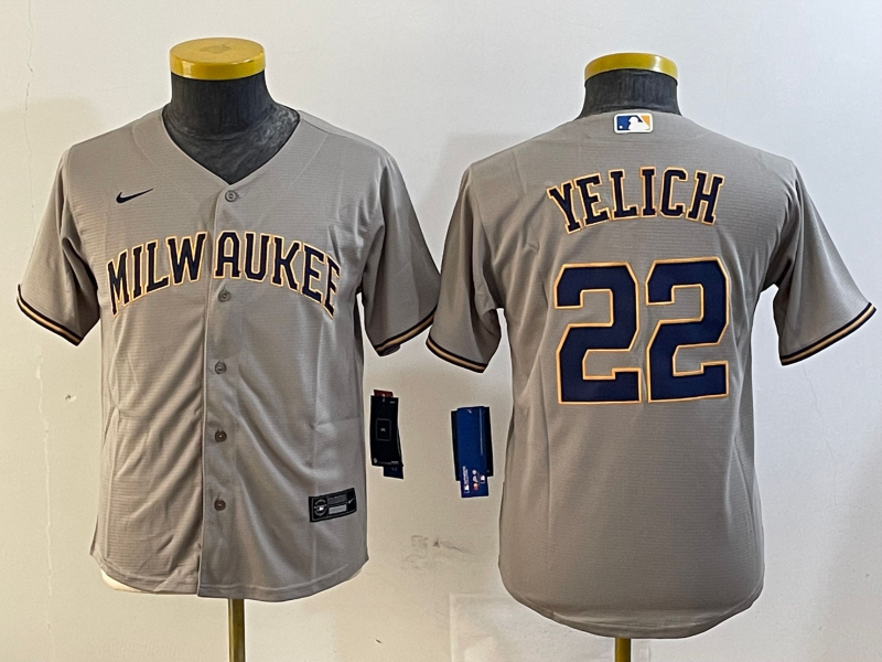 Youth MLB Milwaukee Brewers #22 Christian Yelich Nike Gray Road Limited Jersey