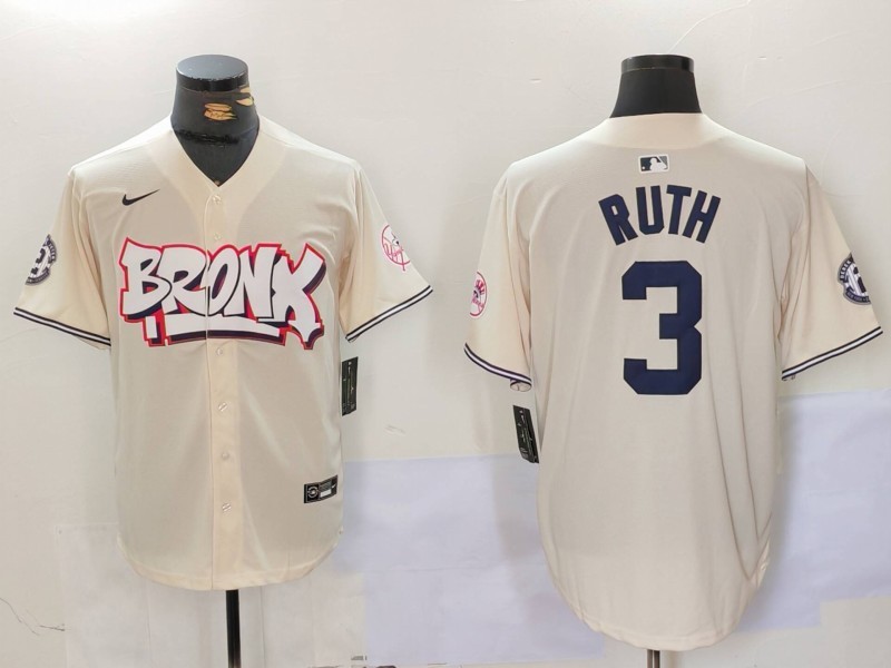Men's MLB New York Yankees #3 Babe Ruth Nike Cream Bronx Graffiti Premier Jersey
