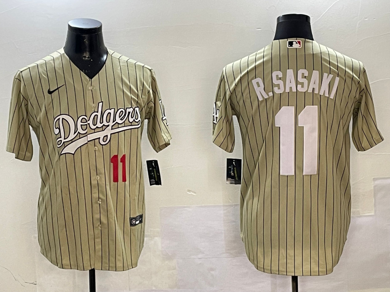 Men's MLB Dodgers #11 Roki Sasaki Vintage Khaki Throwback Personalized Jersey