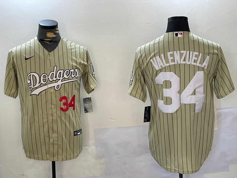 Men's MLB Dodgers #34 Fernando Valenzuela Vintage Khaki Throwback Personalized Jersey