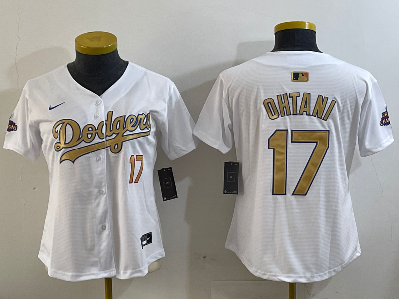 Women's MLB Dodgers #17 Shohei Ohtani Nike White/Gold Championship Jersey