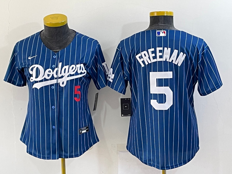 Women's MLB Dodgers #5 Freddie Freeman Vintage Navy Throwback Personalized Jersey