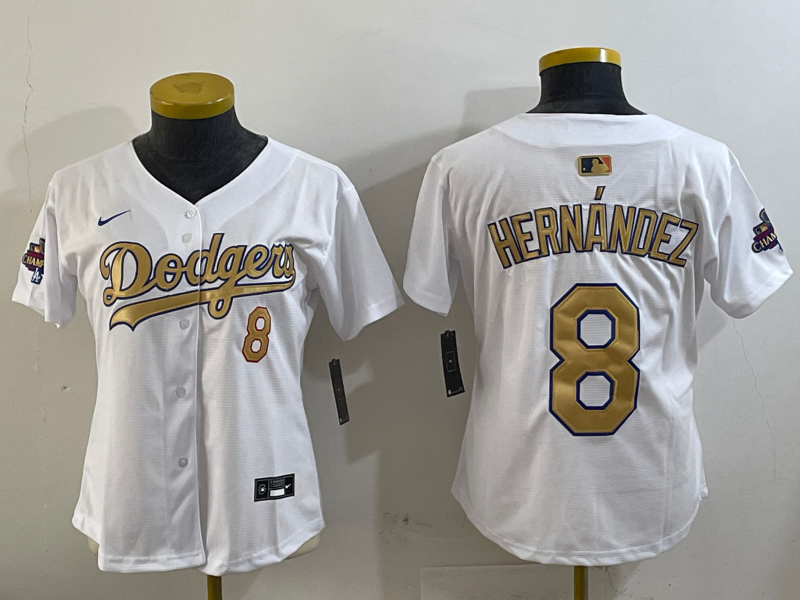 Women's MLB Dodgers #8 Enrique Hernández Nike White/Gold Championship Jersey