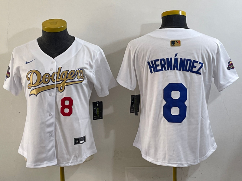 Women's MLB Dodgers #8 Enrique Hernández Nike White/Gold Championship Jersey