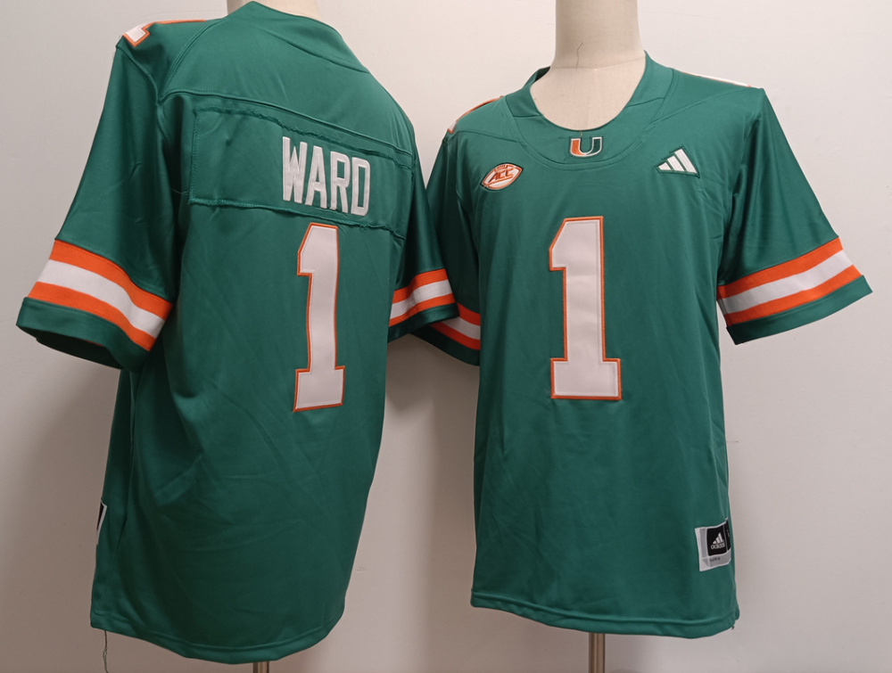 Men's NCAA Miami Hurricanes #1 Cam Ward Turquoise Football Stitched Jersey