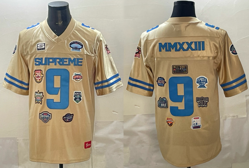 Men's FW23 Supreme #9 MMXXIII Championships Throwback Football Stitched Gold Jersey