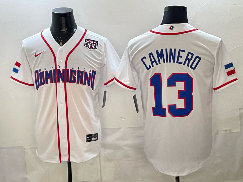 2026 World Baseball Classic Team Dominican #13 Junior Caminero Men's Road Stadium Jersey - White