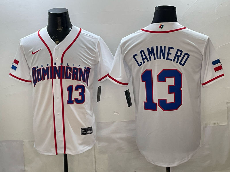 2026 World Baseball Classic Team Dominican #13 Junior Caminero Men's Road Stadium Jersey - White