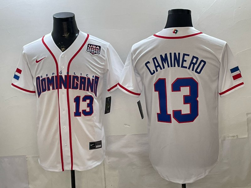 2026 World Baseball Classic Team Dominican #13 Junior Caminero Men's Road Stadium Jersey - White